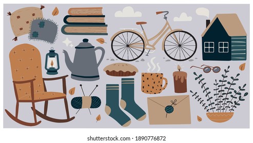 Scandinavian style vector illustration of cute hygge elements. Danish lifestyle. Autumn, winter icons.