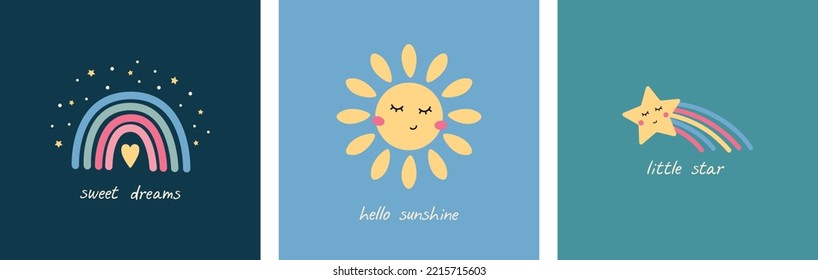 Ilustración vectorial de estilo escandinavo con arco iris, sol y estrellas. Impresiones con inscripciones para ropa, tarjetas y carteles para niños. Pintura para la habitación de los niños.