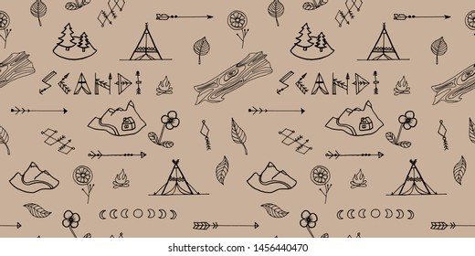 Scandinavian style vector seamless pattern with tents, campfire, arrows, mountains, flowers and leaves. Doodle style, hand drawing. For factories, textiles, industries, textures, wallpapers, design.