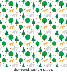 Scandinavian style vector seamless pattern with forest animals in the forest. Illustration of a fox and a wolf in the forest in cartoon style on a white background