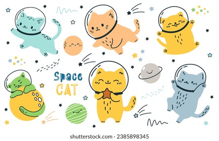Scandinavian style vector set. Cats in spacesuits flying in space. Space cat inscription. Stars and planets 