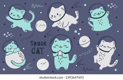 Scandinavian style vector set. Cats in spacesuits flying in space. Space cat inscription. Stars and planets 