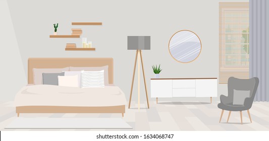 Scandinavian style white room interior with round mirror on the wall, wooden bed and armchair. 