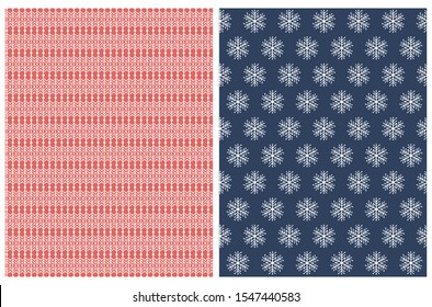 Scandinavian Style Winter Seamless Vector Pattern with White Snowflakes and Sweater Style Print Isolated on a Dark Blue and Red Background.Simple Winter Season Vector Print and Snowy Vector Design.