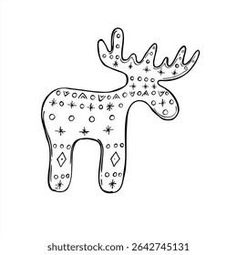 Scandinavian style wooden moose figurine with traditional Nordic patterns monochrome vector illustration. Deer animal silhouette graphic sketch for winter holiday designs, minimalist home decor.