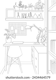 Scandinavian stylish working desk black and white vectpr line art illustration coloring page