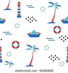 Scandinavian Summer seamless pattern. Palm, island, paper ship, boat,  palm, preserver, watermelon, lighthouse, geometric minimalistic elements. Vector illustration. Cartoon. Pop art 80s - 90s style