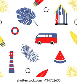 Scandinavian Summer seamless pattern. Palm, lighthouse, beach house, surf, life preserver, watermelon, bus, geometric minimalistic elements. Vector illustration. Cartoon. Pop art