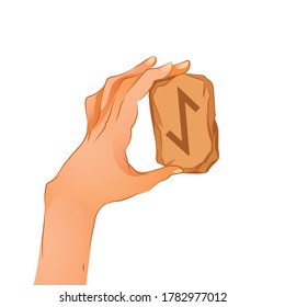 Scandinavian sun symbol: Eyvaz. The hand holds a stone with a rune. Website design element. Divination. Magic. Vector illustration