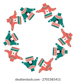 Scandinavian sweaters frame round shape. Border of warm knitted clothes with polar bear and penguin prints and folk patterns. Cartoon objects on white background. Vector design for  banner template.