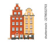 Scandinavian Swedish house buildings in old city. Stockholm architecture, cute cozy home exteriors, facades with cafe, store in historical town. Flat vector illustration isolated on white background