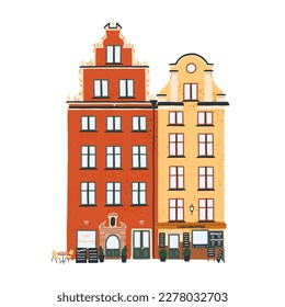 Scandinavian Swedish house buildings in old city. Stockholm architecture, cute cozy home exteriors, facades with cafe, store in historical town. Flat vector illustration isolated on white background