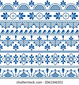 Scandinavian textile or fabric print vector seamless pattern with flowers, traditional folk outline embroidery and lace art design.Floral Nordic background in navy blue on white, repetitive line art 