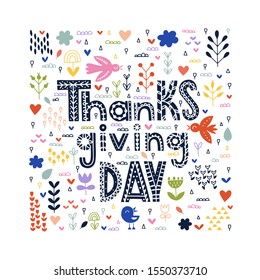Scandinavian Thanksgiving typography. Vector Thanksgiving lettering with pumpkins, leaves, migratory birds, clouds, sparkles and confetti in fall autumn colors. Thanksgiving day floral design.