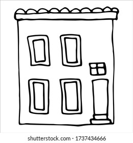 Scandinavian town house sign. Cozy doodle vector element. House with roof window and door. Hand drawn with pencil and traced. Naive style. 
