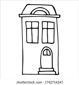 Scandinavian town house sign. Cozy doodle vector element. House with roof window and door. Hand drawn with pencil and traced. Naive style. 
