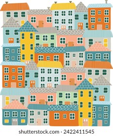 scandinavian town poster colorful spring town hand drawn vector illustration clipart for invitation greeting birthday party celebration wedding card poster banner textiles wallpaper background