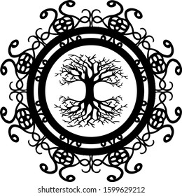 scandinavian tree of life silhouette in ornamented circle