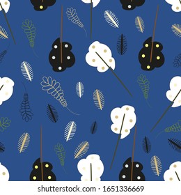 Scandinavian Trees design vector seamless illustration isolated on blue background. Easy to change color. Nature concept. Finland style. Night 
inverted Day Forest cartoon flat pattern. Wallpapers 