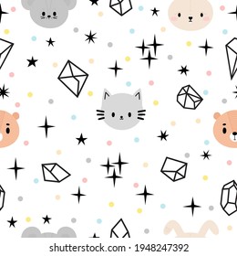 Scandinavian tribal seamless pattern with cute animals. Creative baby texture for nursery, fabric, textile, clothes. White background. Vector illustration