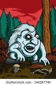 Scandinavian troll in the forest with the mushrooms