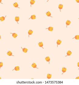 Scandinavian tulip flowers seamless vector pattern. Small folk florals repeating background. Scattered ditsy flowers yellow orange pink . Fabric, girls, nursery, page fill, packaging, digital paper.