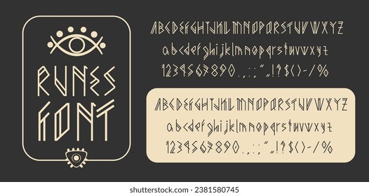 Skandinavischer Typ, Viking Runes Font. Antike Schrift des nordischen Alphabets, Vektortypografie. Buchstaben und Zahlen im keltischen Stil mit mittelalterlichen gotischen Elementen, viktierendes rundes Alphabet, Stammesabc