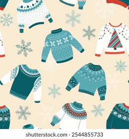 Scandinavian ugly sweater seamless pattern. Holiday knitted winter jumpers with norwegian ornaments. Funny christmas clothes vector repeating background for fabric, gift wrap, greeting cards, posters