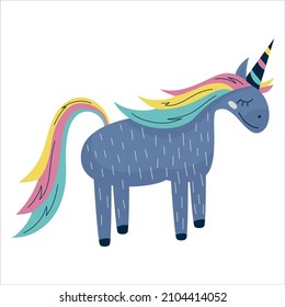 Scandinavian unicorn with rainbow horn isolated on white background.A cute baby horse in a flat style is standing smiling. Handdrawn vector illustration.