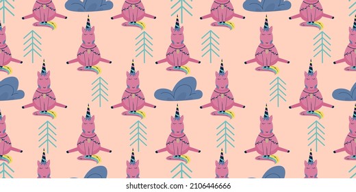 Scandinavian unicorn seamless pattern with cloud and tree. A pink horse with a horn sits on a pink background. Children's textile with a bright rainbow