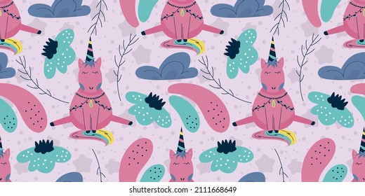 Scandinavian unicorn seamless pattern with cloud and flower. A horse with a horn sits on a dark background with cloud. Childrens textile with a bright rainbow