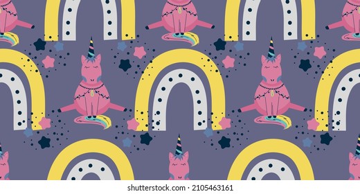 Scandinavian unicorn seamless pattern with rainbow and star. A pink horse with a horn sits on a dark background.Children's textile with a bright rainbow