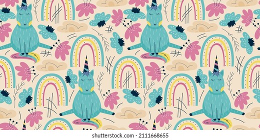 Scandinavian unicorn seamless pattern with rainbow and flower. A horse with a horn sits on a dark background with cloud. Childrens textile with a bright rainbow.