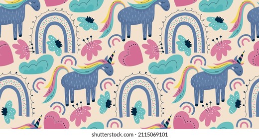 Scandinavian unicorn seamless pattern with rainbow and flower. A horse with a horn sits on a background with cloud, heart. Childrens textile with a bright rainbow
