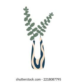 Scandinavian vase with fern herbal plants, leaves on stem interior decor. Vector botanical blossoms in elegant bottle, flat cartoon spring bouquet