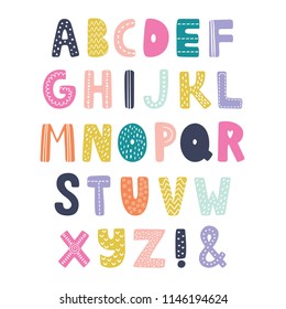 Scandinavian vector alphabet for kids. Hand drawn graphic font. For typography poster, card, label, brochure, flyer, page, banner design. ABC. Cartoon alphabet. 
