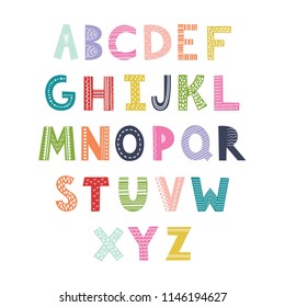 Scandinavian vector alphabet for kids. Hand drawn graphic font. For typography poster, card, label, brochure, flyer, page, banner design. ABC. Cartoon alphabet. 
