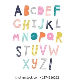 Scandinavian Vector Alphabet For Kids. Hand Drawn Graphic Font. For Typography Poster, Card, Label, Brochure, Flyer, Page, Banner Design. ABC. Cartoon Alphabet.