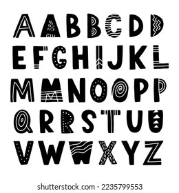 Scandinavian vector alphabet for kids. Hand drawn graphic font. For typography poster, card, label, brochure, flyer, page, banner design. ABC. Cartoon alphabet.