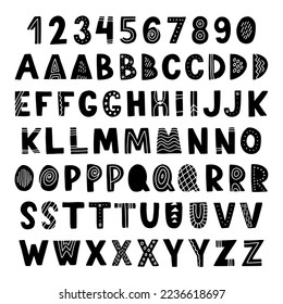 Scandinavian vector alphabet with numbers for kids. Hand drawn graphic font. For typography poster, card, label, brochure, flyer, page, banner design. ABC. Cartoon alphabet.