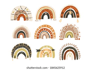 Scandinavian vector boho rainbow set. Perfect for children room wall decor, textile and kids design. Hand drawn childish decorative trendy art collection.