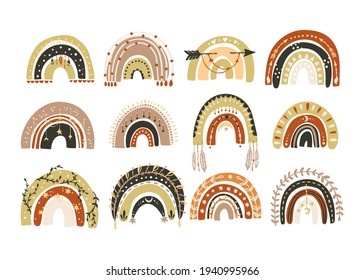 Scandinavian vector boho rainbow set. Perfect for children room wall decor, textile and kids design. Hand drawn childish decorative trendy art collection.