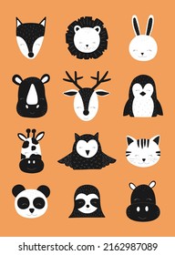 Scandinavian vector children illustration. Hand-drawn baby black and white animals on the orange background. Deer, fox, sloth, rhinoceros, cat, hare, hippopotamus, giraffe, lion, owl, panda, penguin