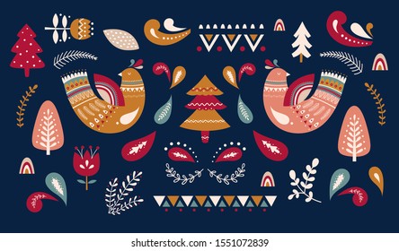 Scandinavian vector Christmas collection with birds and Christmas tree