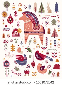 Scandinavian vector Christmas collection with birds, horse, tree and Christmas tree