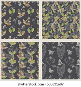 Scandinavian vector floral seamless patterns set. Simple hand drawn elements patterns collection in nordic style. Repeating endless compositions for your design. Scandinavia ornaments collection.