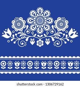 Scandinavian vector folk art pattern with flowers, traditional floral frame or border white design on navy blue. 
Traditional cute ornament - Scandi style, old-fashioned look