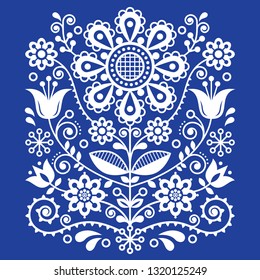 
Scandinavian vector folk art pattern, floral retro ornament design, Nordic style ethnic decoration.  
Traditional embroidery with flowers in white on navy blue background, retro style