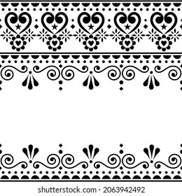 Scandinavian vector greeting card or textle, fabric print design - traditional seamless embroidery folk art style design with flowers and swirls in black and white. Cute floral monochrome pattern