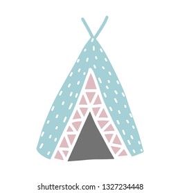 Scandinavian vector illustration of teepee with ethnic ornaments. Isolated on white background.
For kids, fabric, clothes design, bed linen, wallpaper, scrapbooking, stamping, stickers, signs, logo.